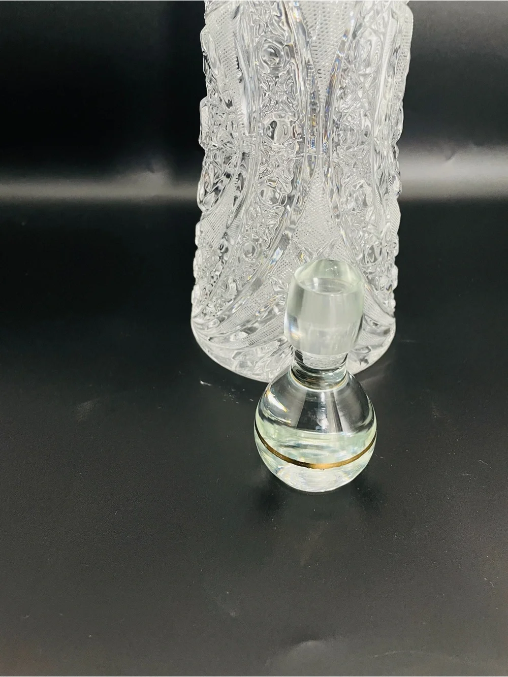 Vintage 14” Heavy Cut Glass Crystal Decanter w/ Gold Banded Ball Stopper 4 lbs